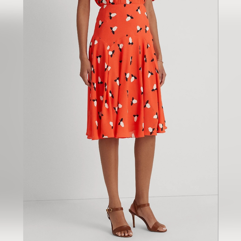 NWT Lauren Ralph Lauren Light Red Poppy Floral Georgette A-Line Midi Skirt 2 - Picture 2 of 8